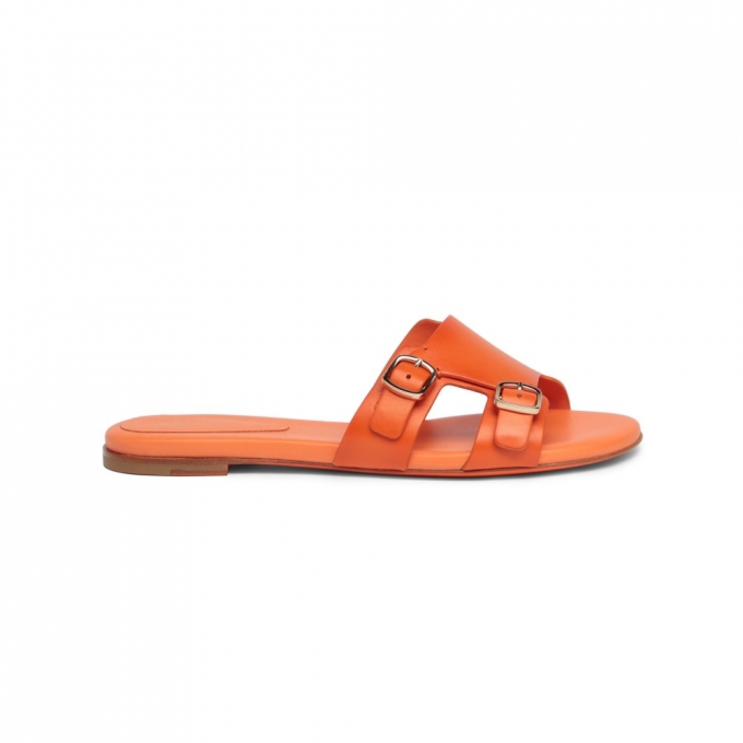 Sandalo slide con doppia fibbia in pelle arancione - Arancione