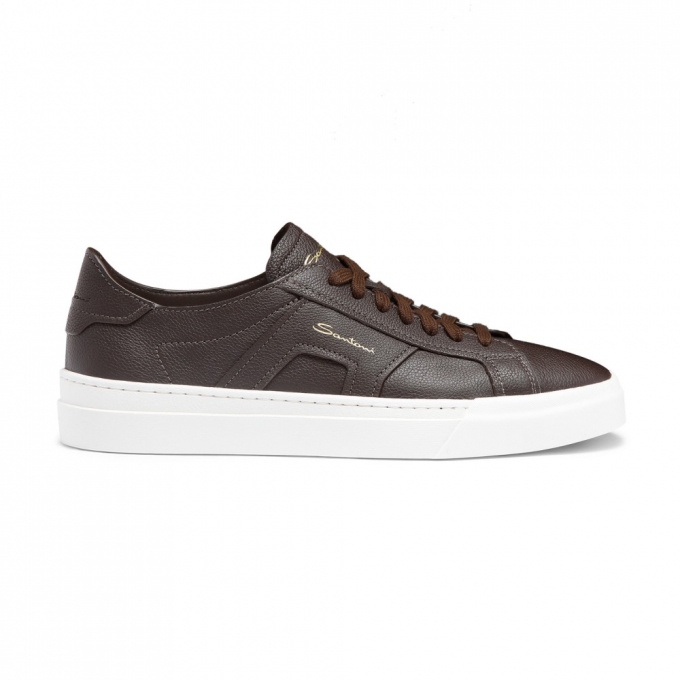 Double Buckle Sneaker da uomo in pelle bottalata testa di moro - Testa di moro