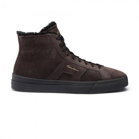 Double buckle sneaker alta con pelliccia da uomo in suede grigio - Grigio