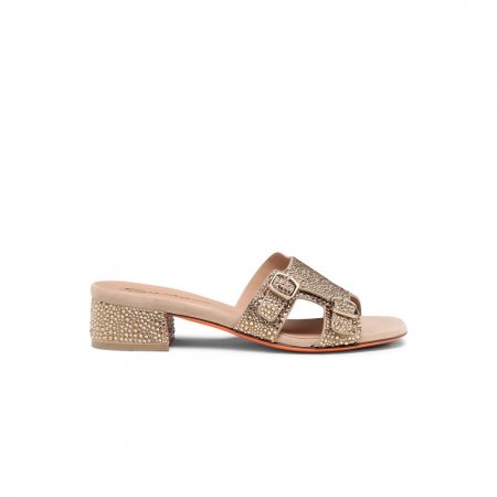 Sandalo Didi tacco basso da donna in suede e strass oro - Oro