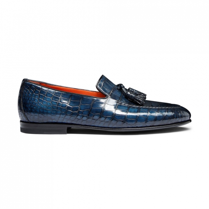 Mocassino con nappe da uomo in alligatore blu - Blu