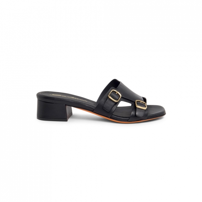 Sandalo slide Didi con doppia fibbia da donna in pelle nera - Nero