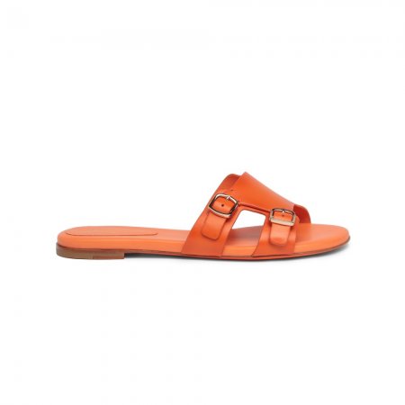 Sandalo slide con doppia fibbia in pelle arancione - Arancione