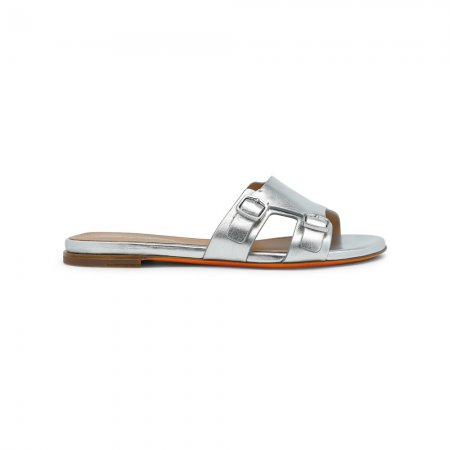 Sandalo slide Didi con doppia fibbia da donna in pelle laminata argento - Argento