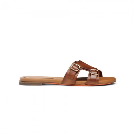 Sandalo slide Didi con doppia fibbia da donna in pelle marrone - Marrone chiaro