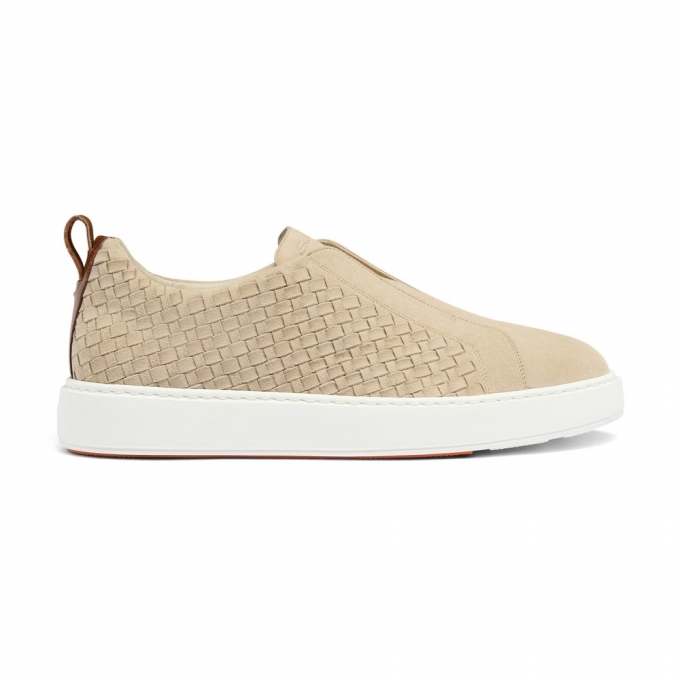 Sneaker slip-on da uomo in suede intrecciato beige - Naturale