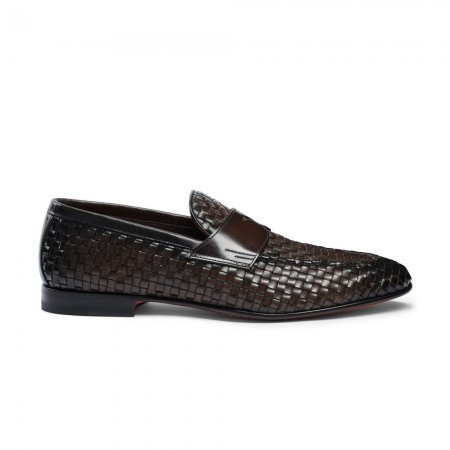 Mocassino penny con tomaia intrecciata da uomo in pelle marrone - Testa di moro