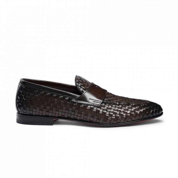 Mocassino penny con tomaia intrecciata da uomo in pelle marrone - Testa di moro