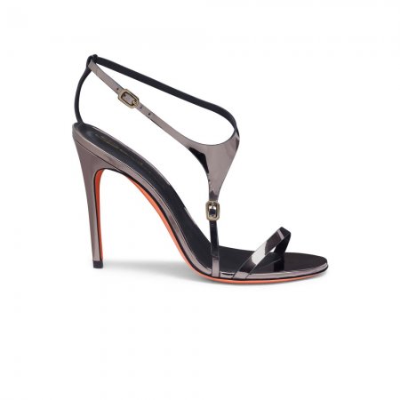 Sandalo tacco alto da donna in materiale specchiato color piombo - Argento
