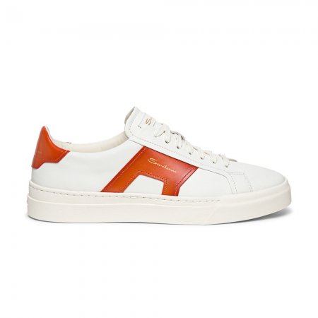 Double buckle sneaker da uomo in pelle bianca e arancione - Arancione