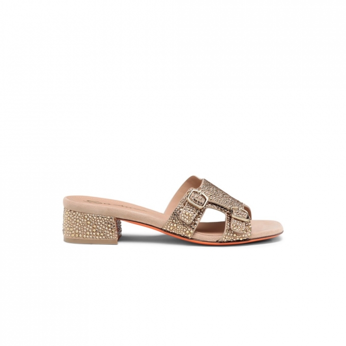 Sandalo Didi tacco basso da donna in suede e strass oro - Oro