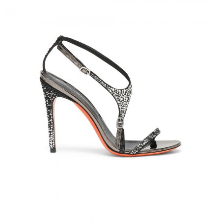 Sandalo tacco alto da donna in suede e strass nero e argento - Nero