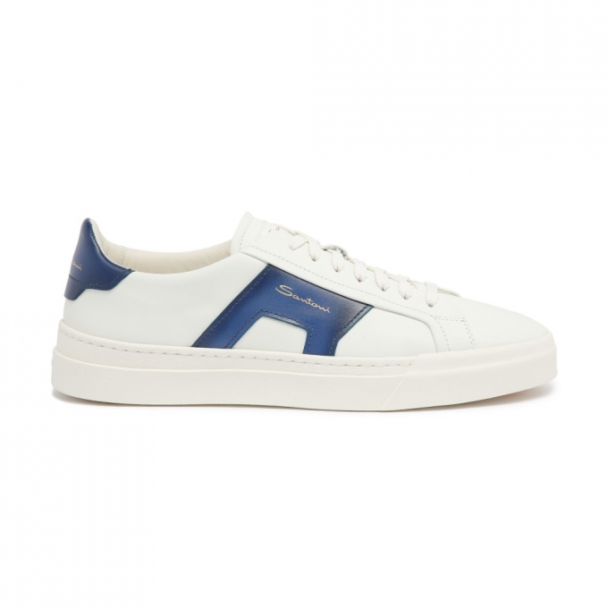 Double buckle sneaker da uomo in pelle bianca e blu - Blu