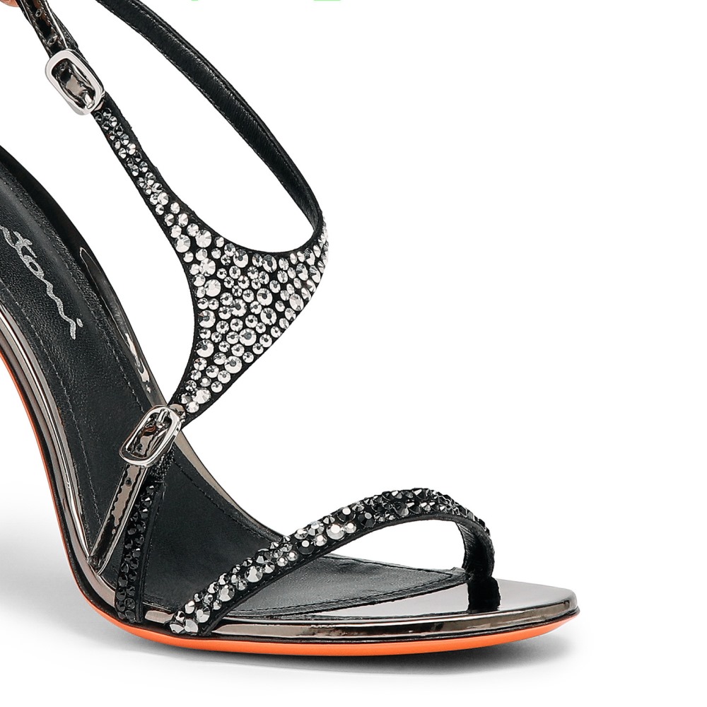 Sandalo tacco alto da donna in suede e strass nero e argento - Nero