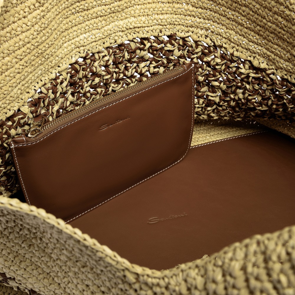 Borsa a spalla in rafia e pelle marrone chiaro - Marrone chiaro