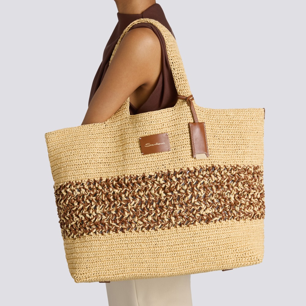 Borsa a spalla in rafia e pelle marrone chiaro - Marrone chiaro
