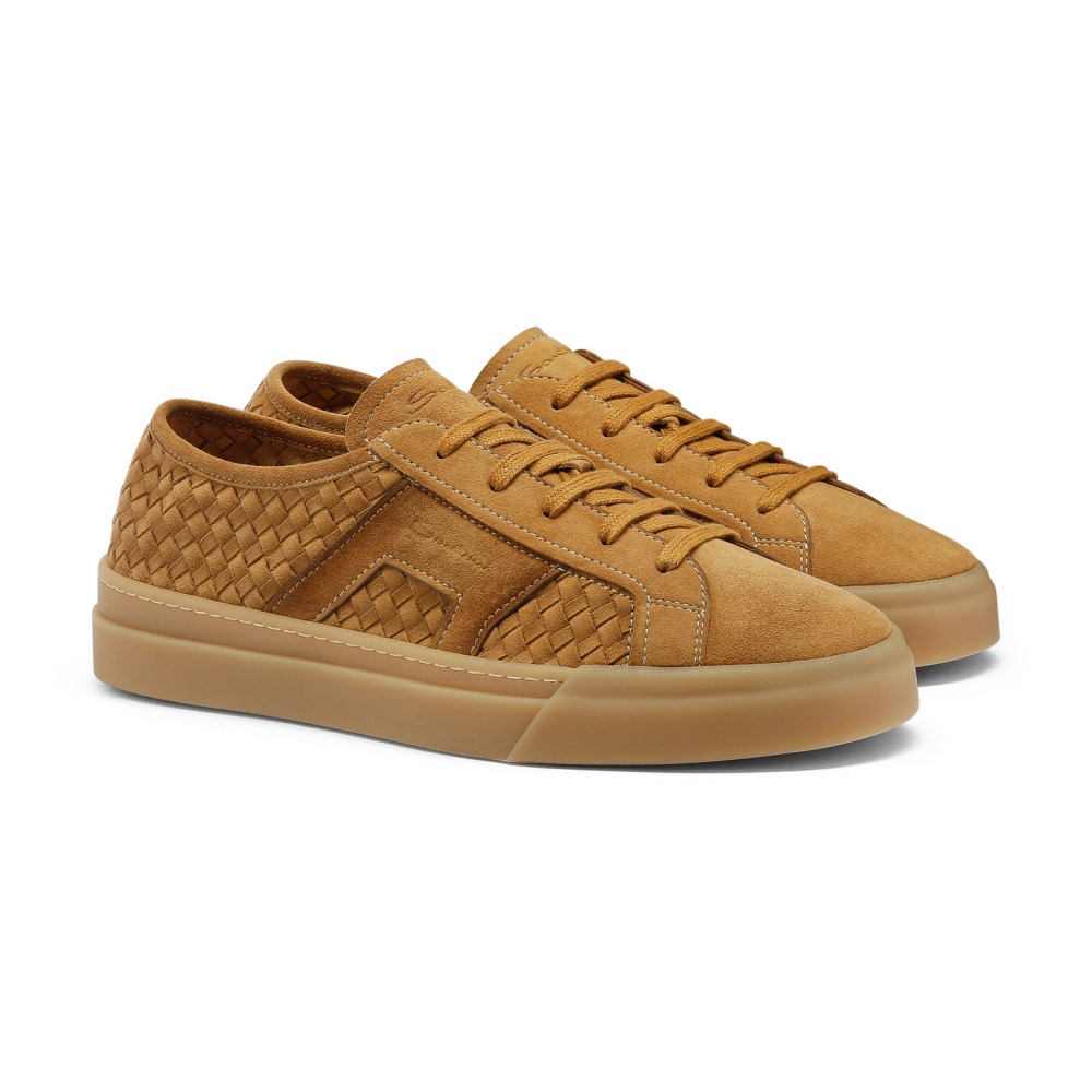 Double Buckle Sneaker da uomo in suede intrecciato marrone chiaro - Marrone chiaro