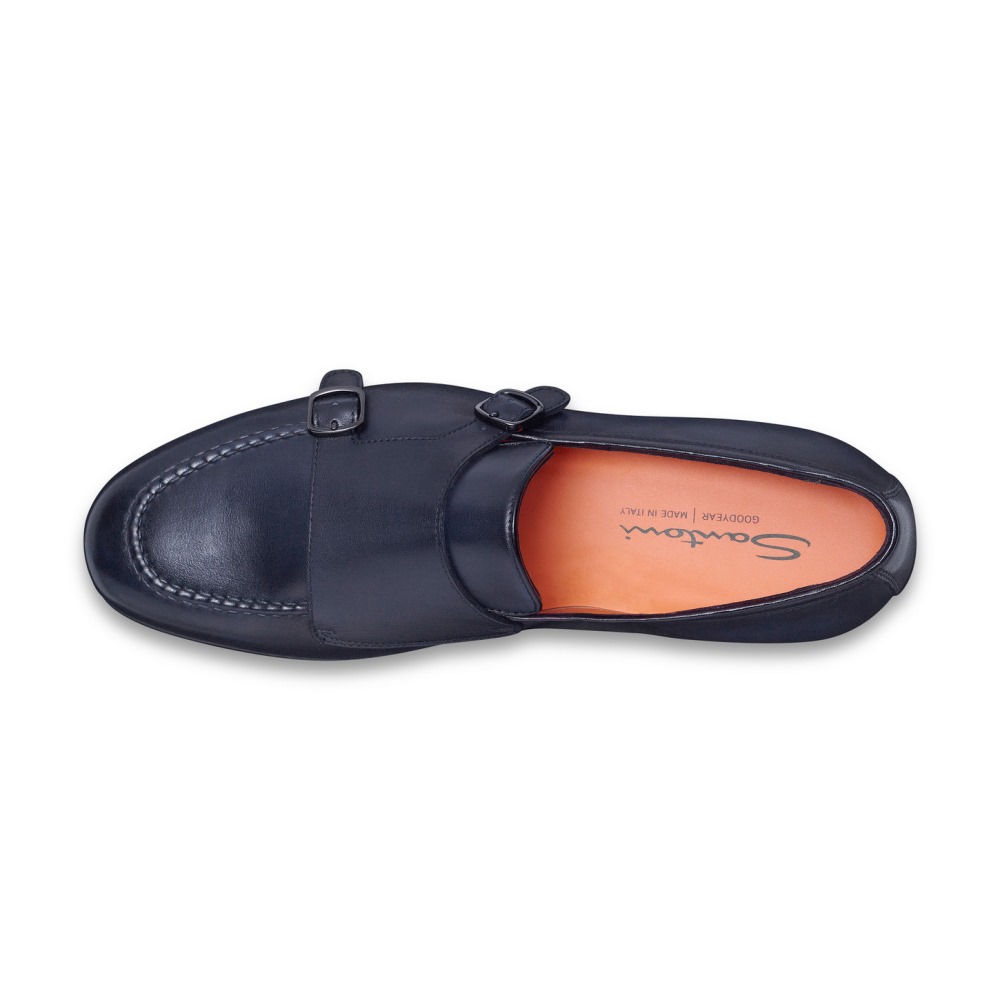 Mocassino con doppia fibbia da uomo in pelle anticata blu - Blu