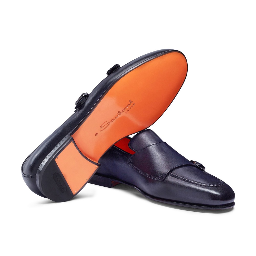 Mocassino con doppia fibbia da uomo in pelle anticata blu - Blu