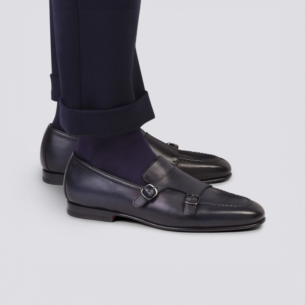 Mocassino con doppia fibbia da uomo in pelle anticata blu - Blu