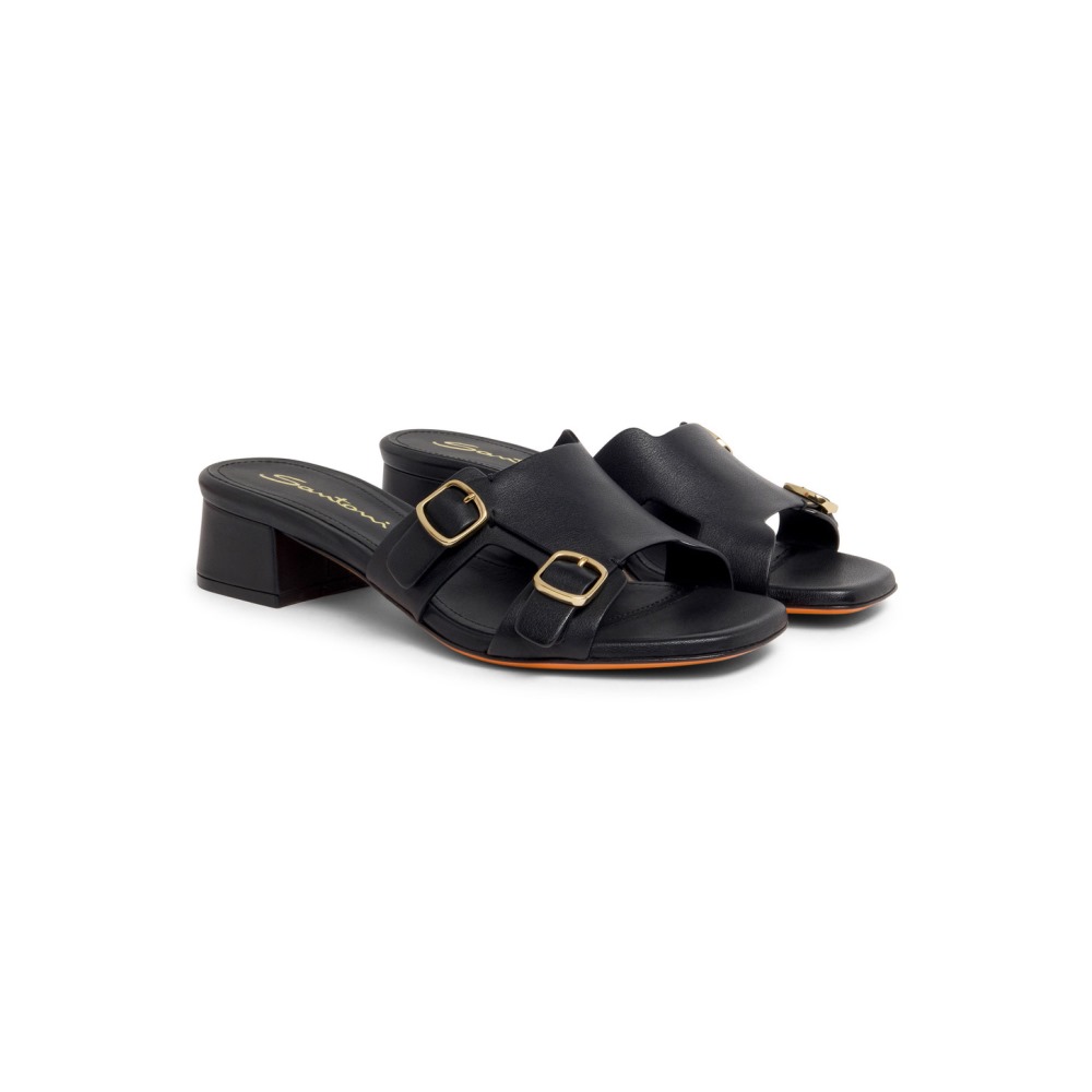 Sandalo slide Didi con doppia fibbia da donna in pelle nera - Nero