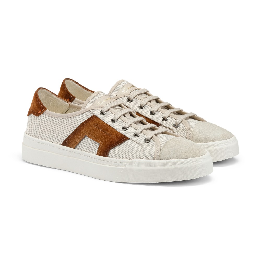 Double Buckle Sneaker da uomo in canvas e suede beige e marrone - Naturale