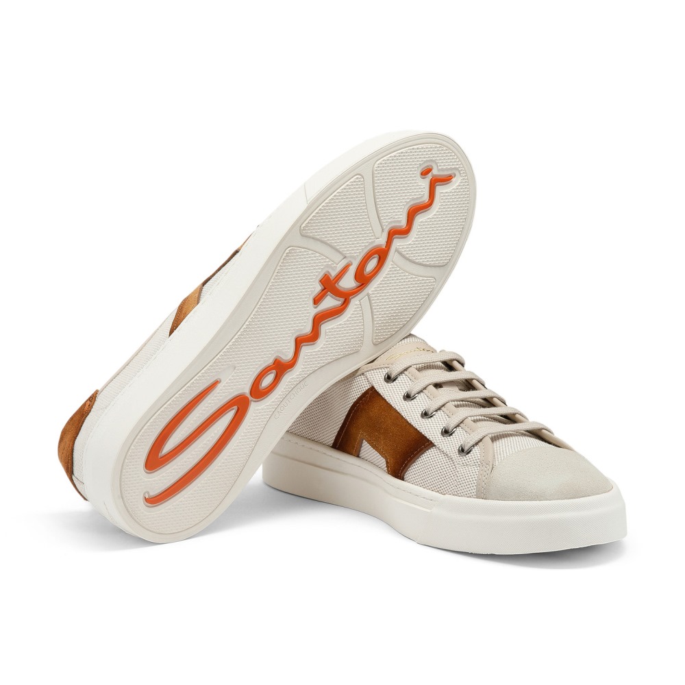 Double Buckle Sneaker da uomo in canvas e suede beige e marrone - Naturale