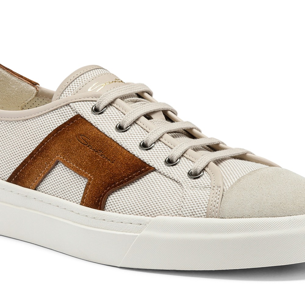 Double Buckle Sneaker da uomo in canvas e suede beige e marrone - Naturale