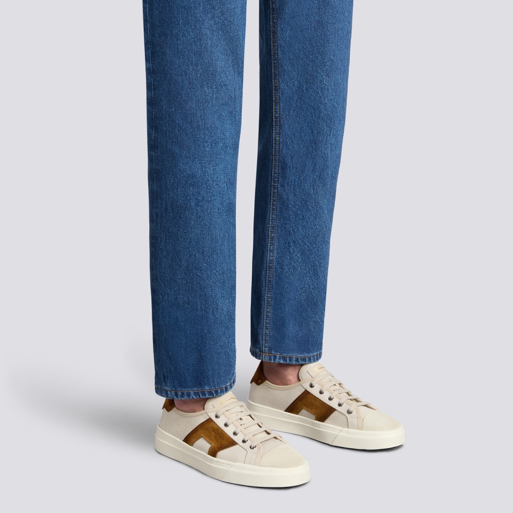 Double Buckle Sneaker da uomo in canvas e suede beige e marrone - Naturale