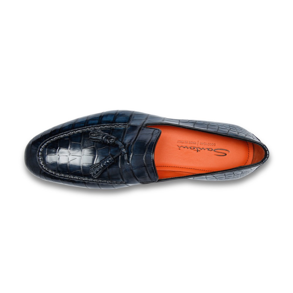 Mocassino con nappe da uomo in alligatore blu - Blu