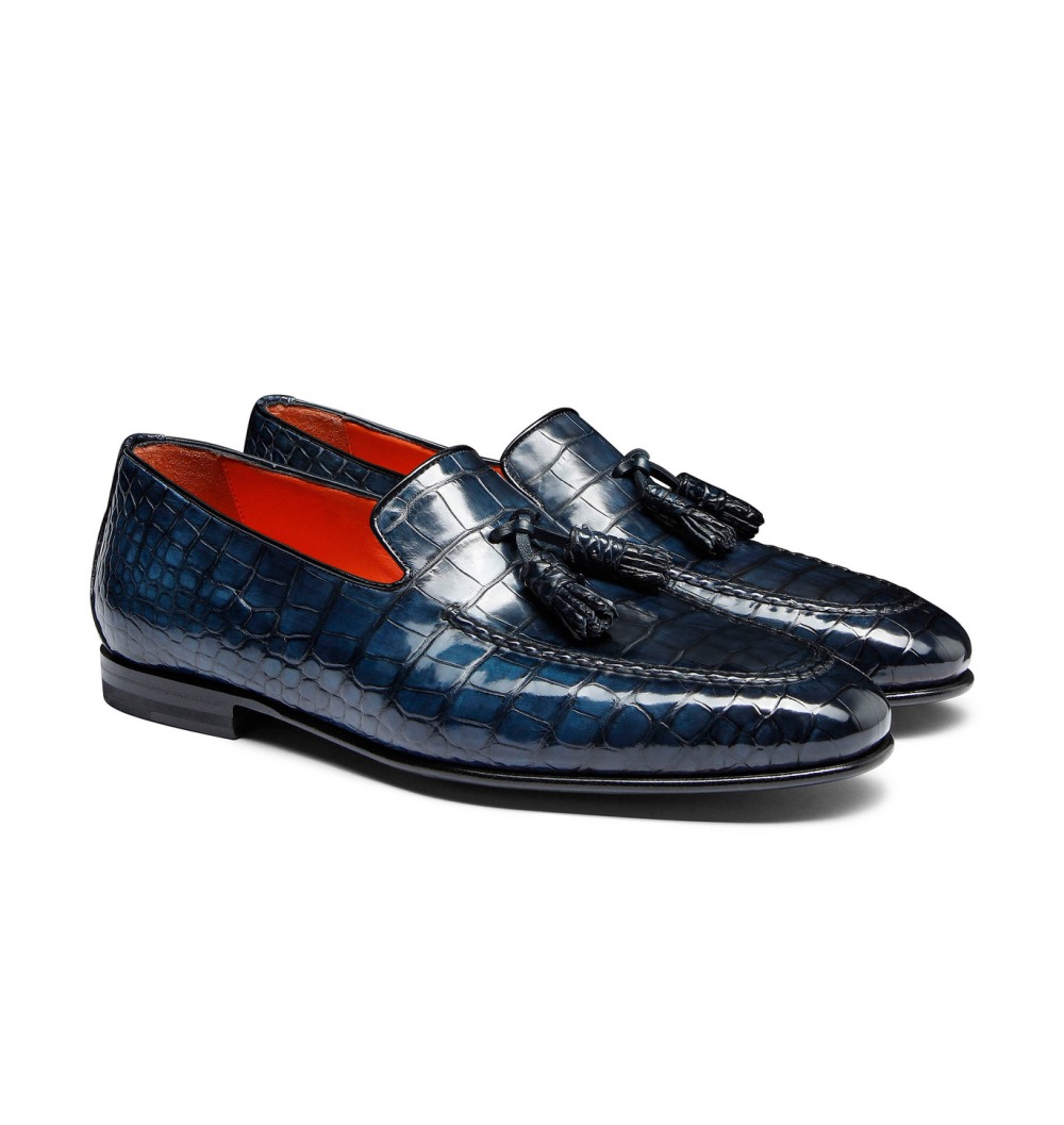 Mocassino con nappe da uomo in alligatore blu - Blu