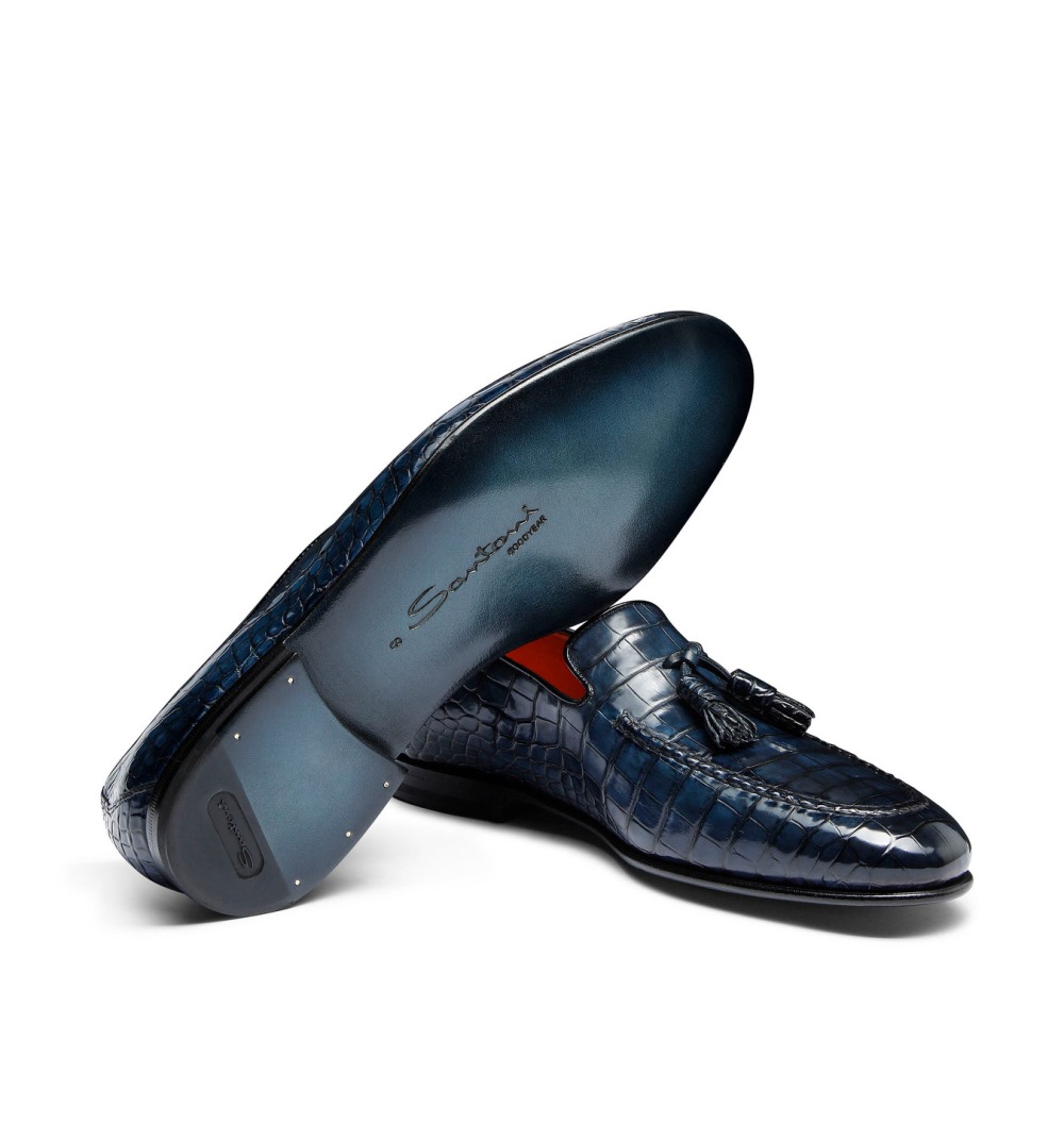 Mocassino con nappe da uomo in alligatore blu - Blu