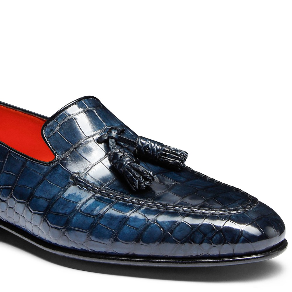 Mocassino con nappe da uomo in alligatore blu - Blu