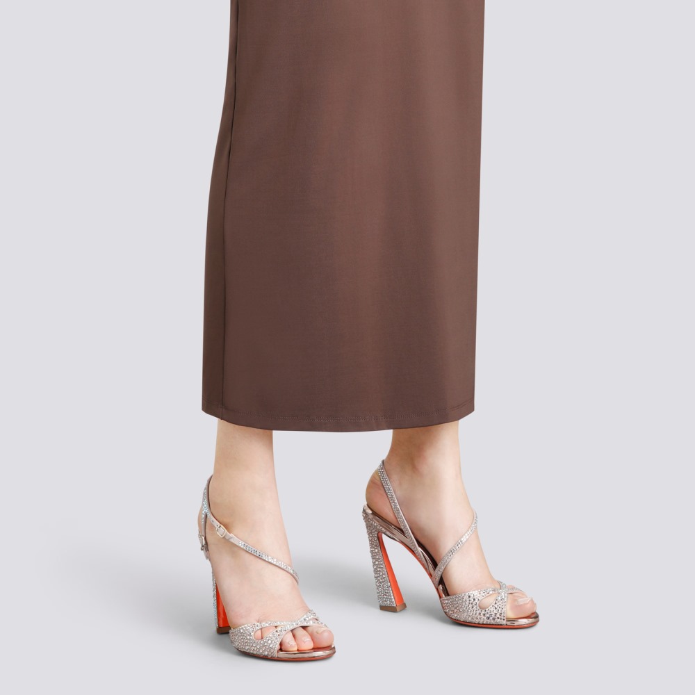 Sandalo tacco alto da donna in suede e strass rosa - Rosa