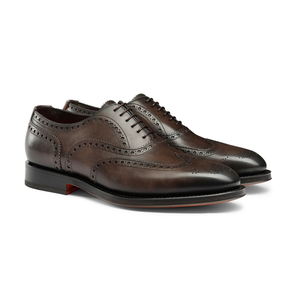 Stringata oxford brogue da uomo in pelle anticata marrone - Testa di moro