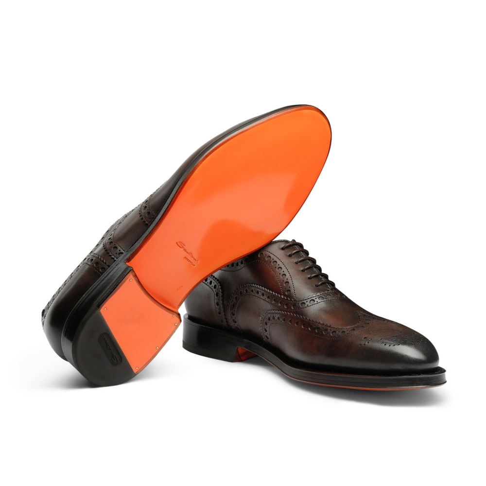 Stringata oxford brogue da uomo in pelle anticata marrone - Testa di moro