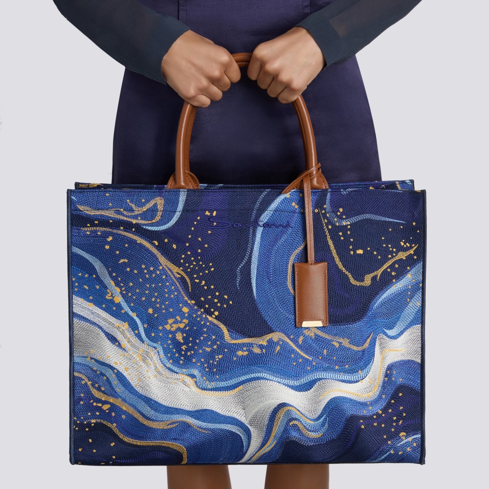 Borsa a mano in tessuto ricamato cosmo - Blu