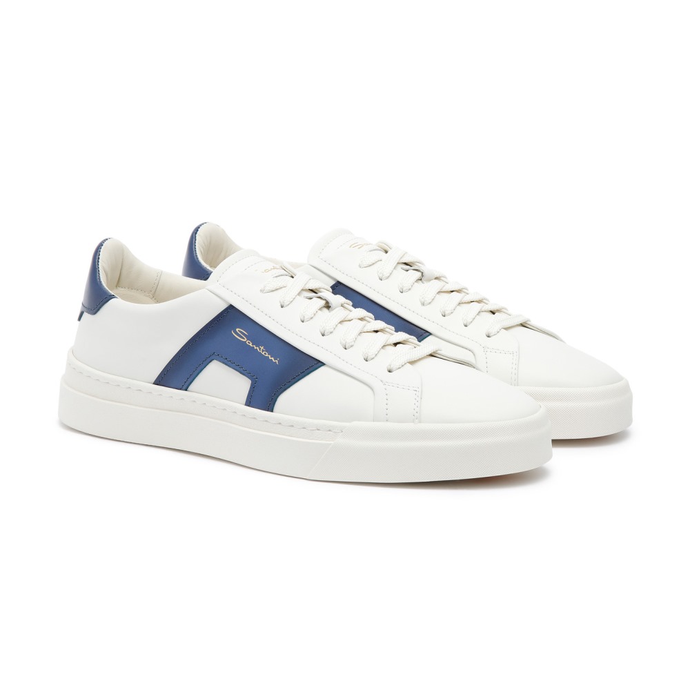 Double buckle sneaker da uomo in pelle bianca e blu - Blu