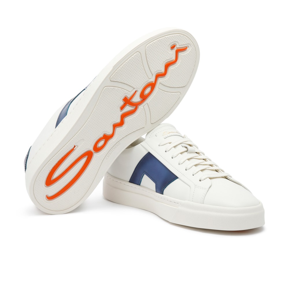 Double buckle sneaker da uomo in pelle bianca e blu - Blu