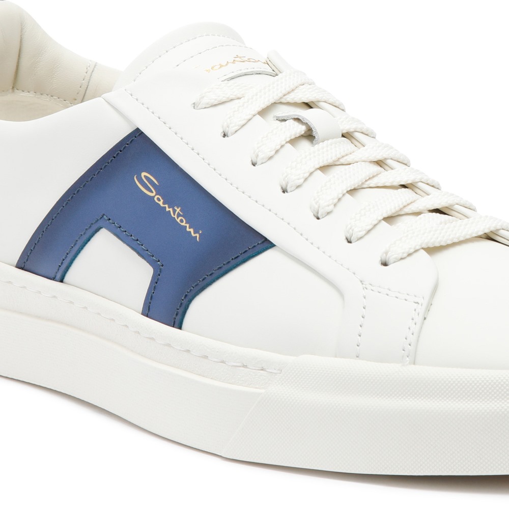Double buckle sneaker da uomo in pelle bianca e blu - Blu