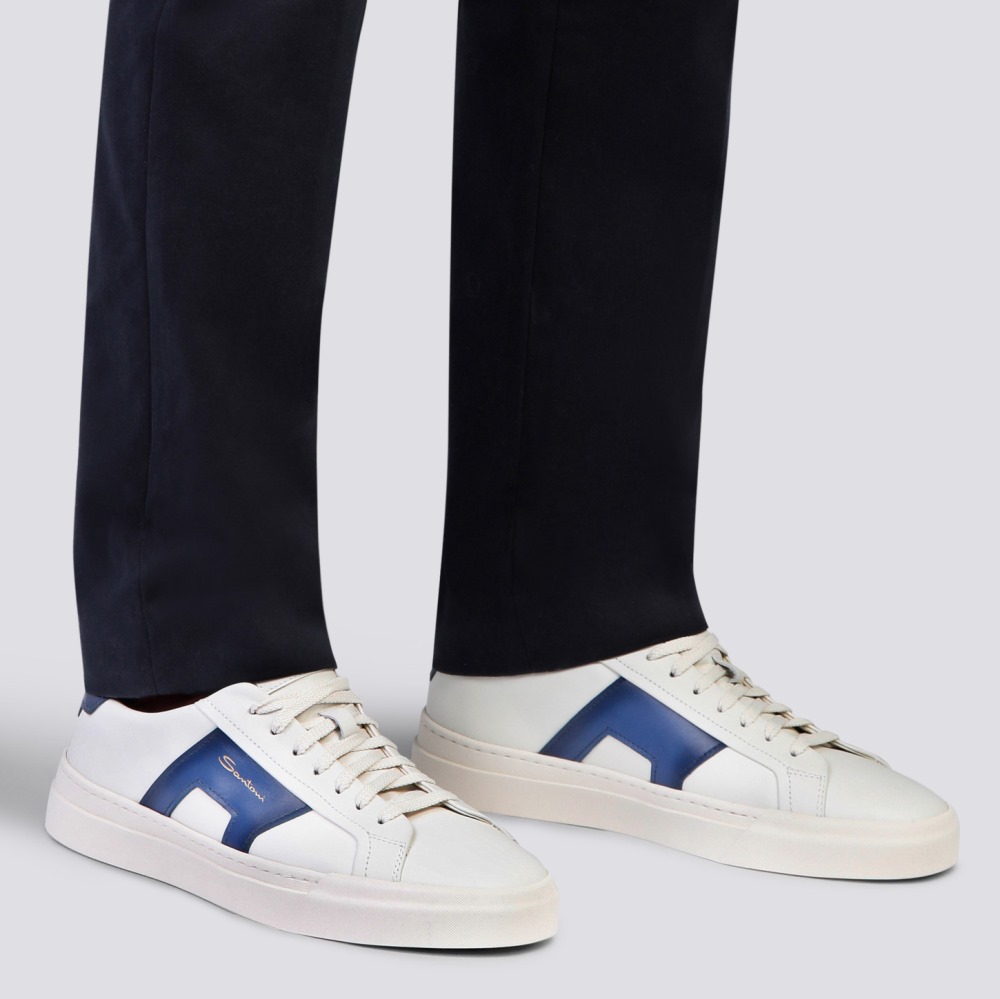 Double buckle sneaker da uomo in pelle bianca e blu - Blu