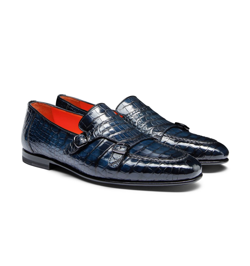 Mocassino con doppia fibbia da uomo in alligatore blu - Blu