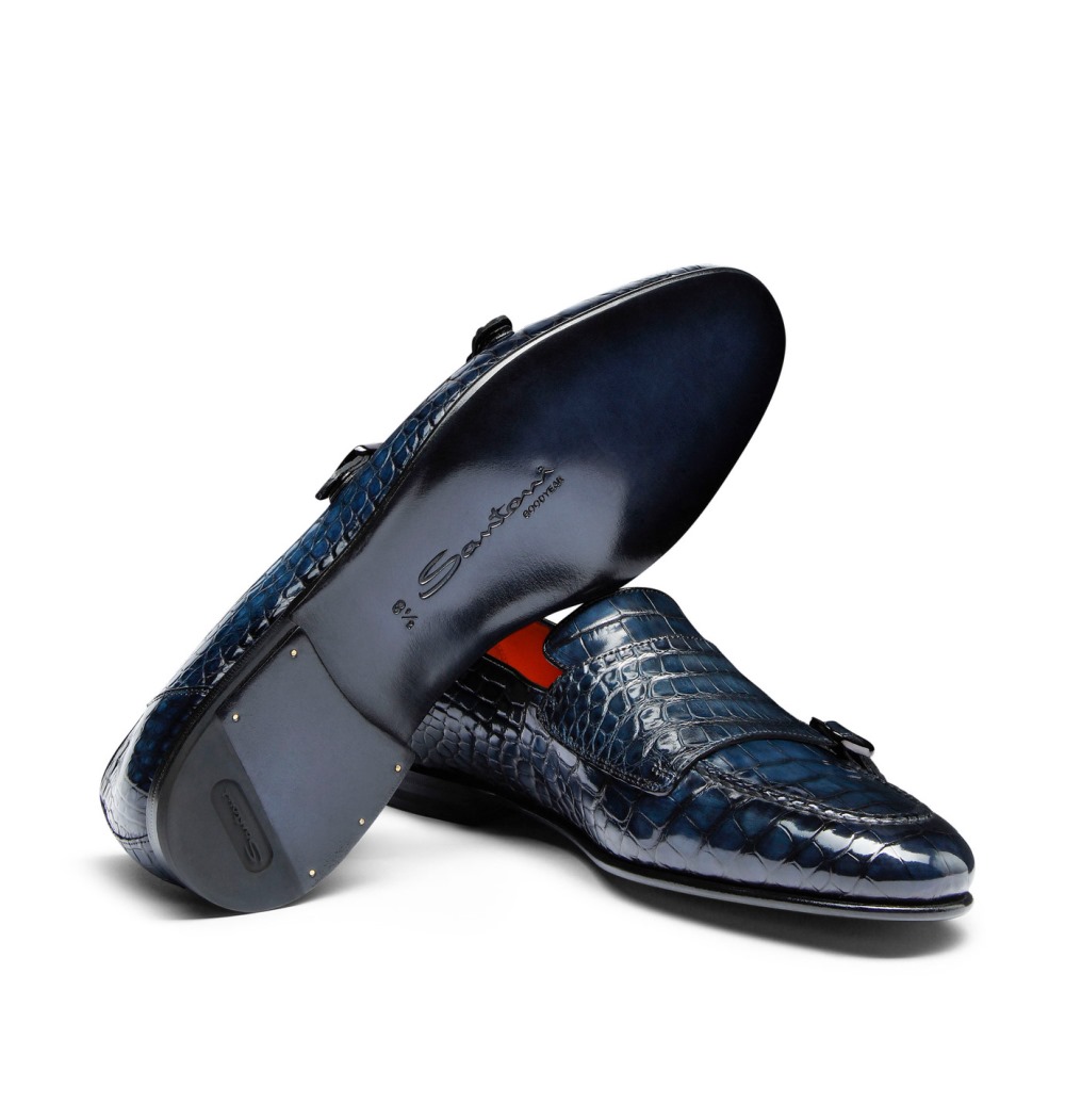 Mocassino con doppia fibbia da uomo in alligatore blu - Blu