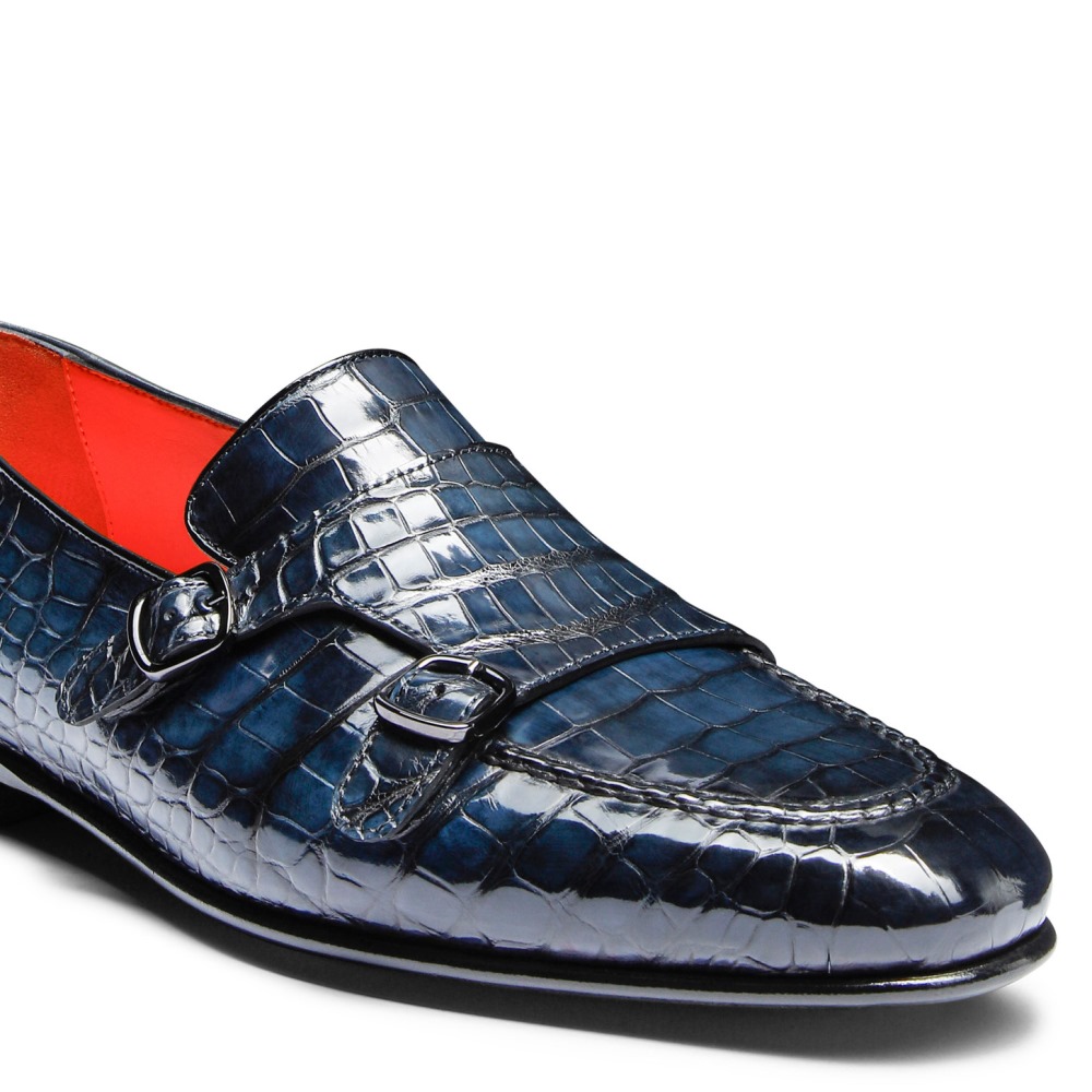 Mocassino con doppia fibbia da uomo in alligatore blu - Blu