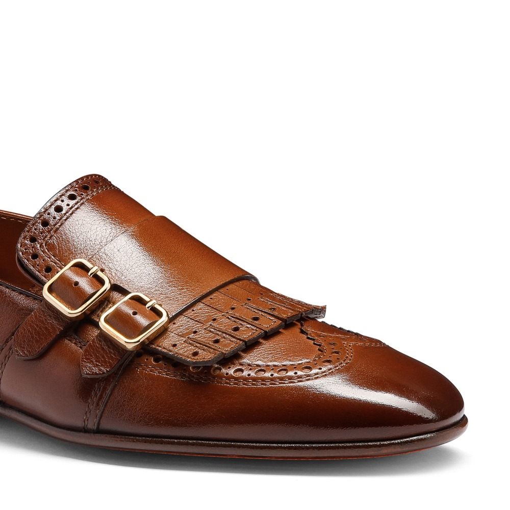 Mocassino con doppia fibbia e frangia da uomo in pelle arancione - Arancione