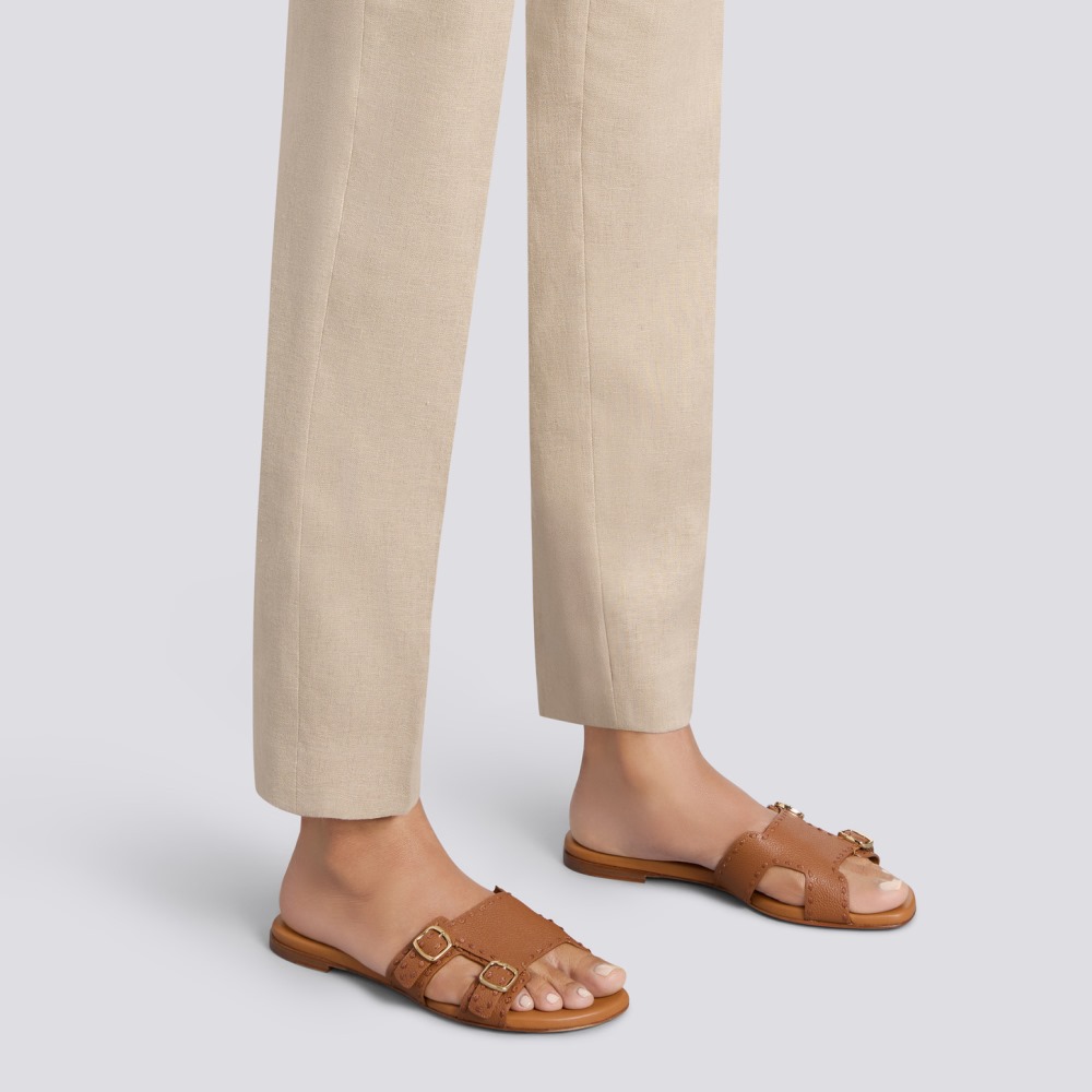 Sandalo slide Didi con doppia fibbia da donna in pelle bottalata marrone - Marrone chiaro