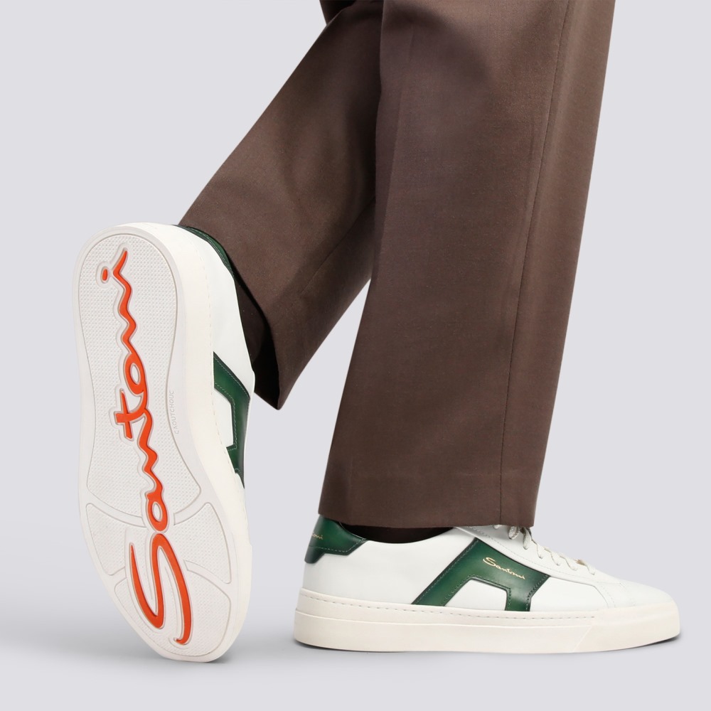 Double buckle sneaker da uomo in pelle bianca e verde - Verde