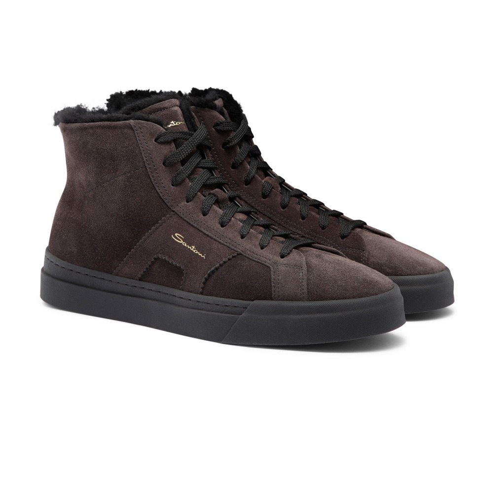 Double buckle sneaker alta con pelliccia da uomo in suede grigio - Grigio