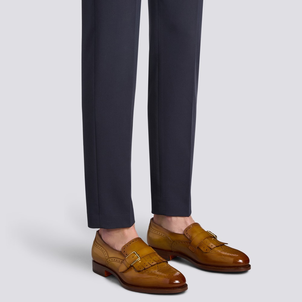 Mono fibbia con frangia da uomo in pelle marrone chiaro - Marrone chiaro