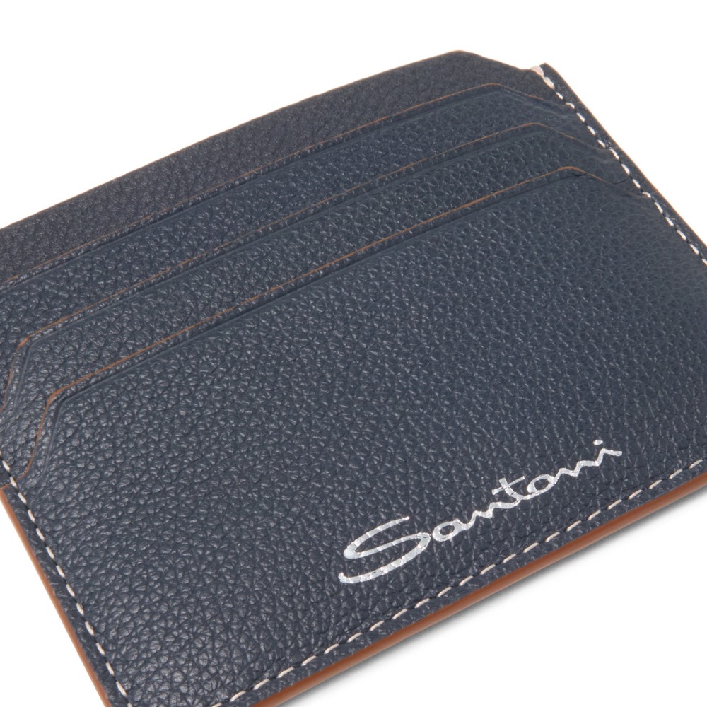 Porta carte di credito in pelle bottalata blu - Blu